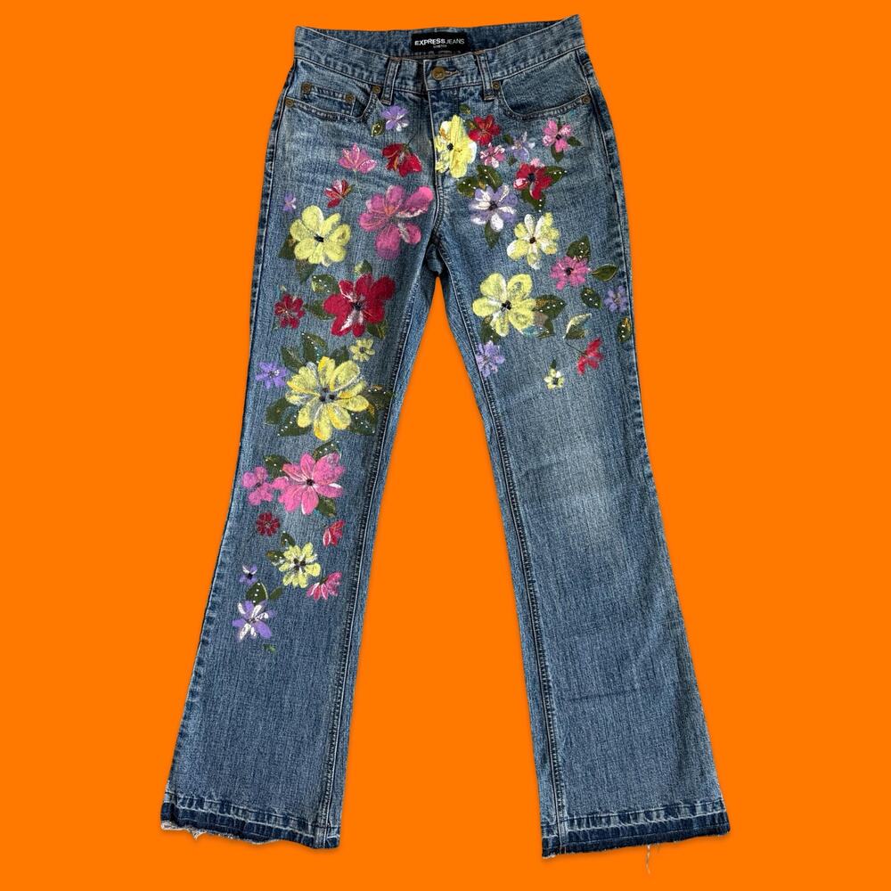 00's vintage hand painted floral y2k flare jeans Size 1/2 express